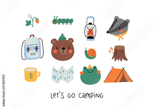 Cute cartoon Summer Camping. Adventure, tourist areas, camp and bear, frog, badger. Colorful vector outdoor illustration in flat cartoon style.