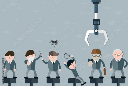 The group of men with various charactors waiting for selected from robotic arms,cartoon concept - vector