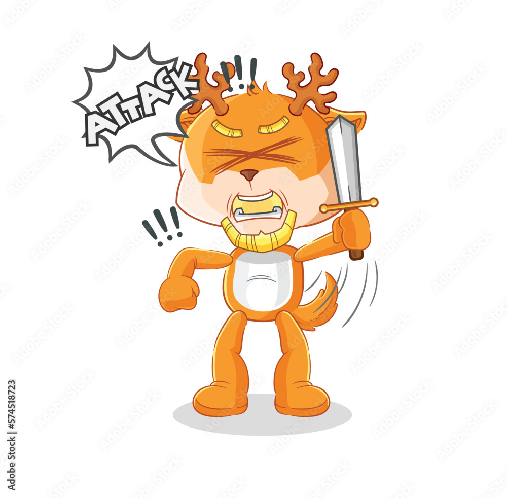 Naklejka premium deer knights attack with sword. cartoon mascot vector