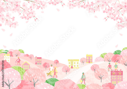 桜が咲く春の街並みと人々のベクターイラスト背景