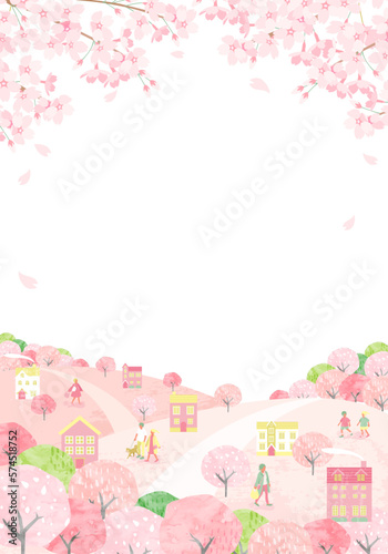 桜が咲く春の街並みと人々のベクターイラスト背景