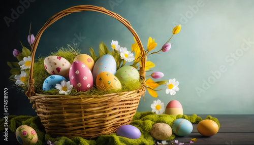 Easter: Sharing the Joy and happy with a Beautifully Decorated Easter Basket Full of Colorful Eggs, ai generated.