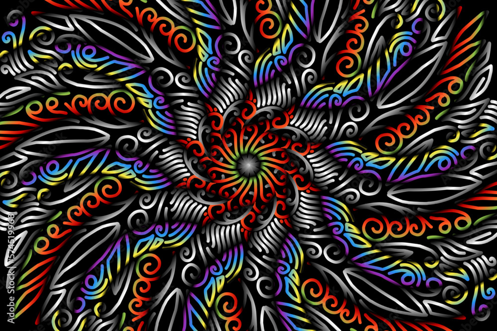 Fototapeta premium Beautiful caleidoscope symmetrical colourful gradient flowers line art of traditional abstract symbol batik dayak ornament design template elements