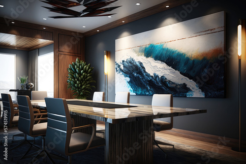 The beautiful, contemporary interior of the office, meeting, or conference room, with modern artwork on the wall. Luxurious design with desks, chairs, laptops, lighting, and lots of natural light
