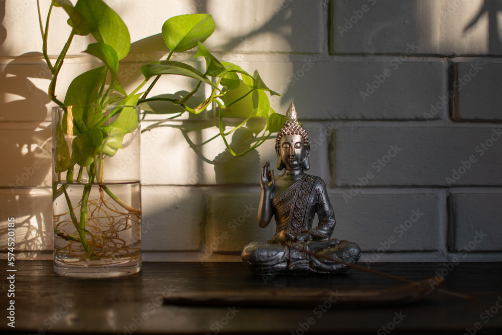 Small ornamental sculpture of Buddha on a piece of furniture and next to a vase with plants inside 4