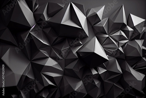 High-Tech Design Wallpaper with Low Poly Triangles Mosaic, Black Crystals Backdrop, and Modern Polygonal Shapes Background, generative ai