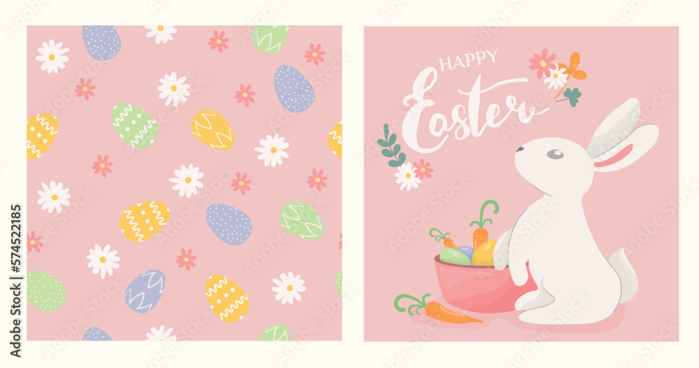 Seamless pattern with easter eggs and flowers on pink background. Easter bunny sitting with easter eggs and carrots on pink background. Vector illustration set in flat style. Pattern in swatches. Seamless pattern with easter eggs and flowers on pink background. Easter bunny sitting with easter eggs and carrots on pink background. Vector illustration set in flat style. Pattern in swatches.