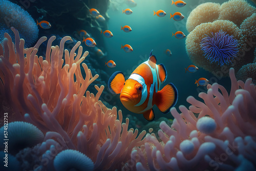 Brightly coloured tropical clown fish underwater in a blue sea with coral and sand.  Generative AI..