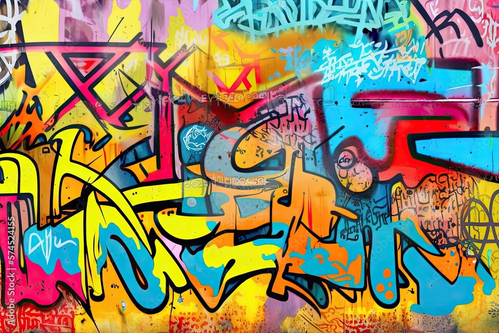 Vibrant colors come alive in this street art mural, expressing the artists creativity through a mix of text and graffiti. Full Frame, Generative AI