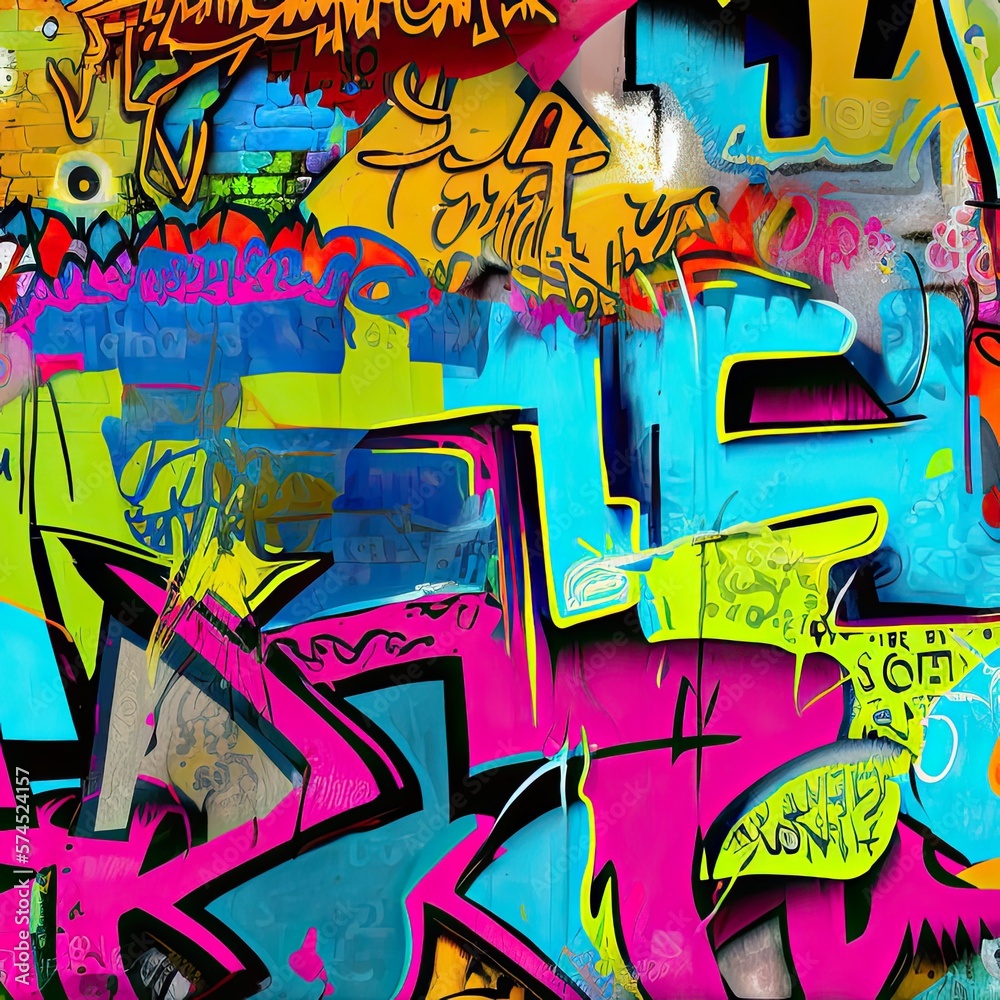 Fototapeta premium Vibrant colors come alive in this street art mural, expressing the artists creativity through a mix of text and graffiti. Full Frame, Generative AI