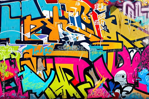 Vibrant colors come alive in this street art mural  expressing the artists creativity through a mix of text and graffiti. Full Frame  Generative AI
