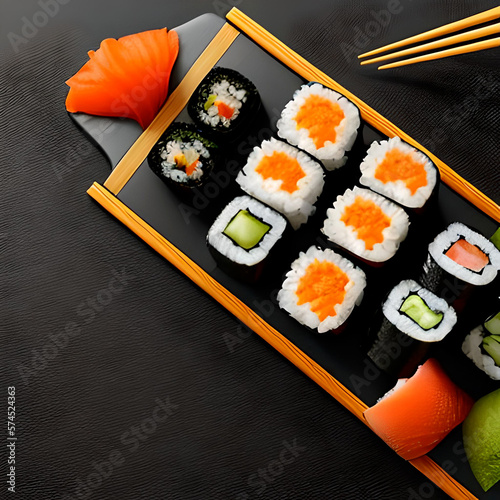 sushi on a plate. Chinese food, Japanese food generative by Ai.    photo