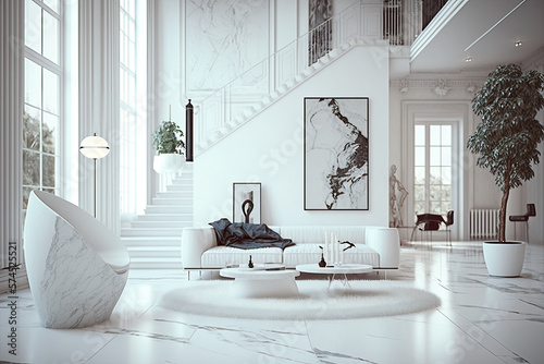 The beautiful, contemporary white interior of a living room, dining room, restaurant, hotel, banquet hall, spa or lounge with big windows, luxurious furniture and artwork