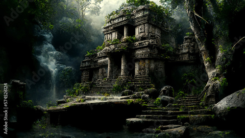 Lost temple in the forest, maya or Aztec ancient temple ruin in rainforest illustration, generative AI