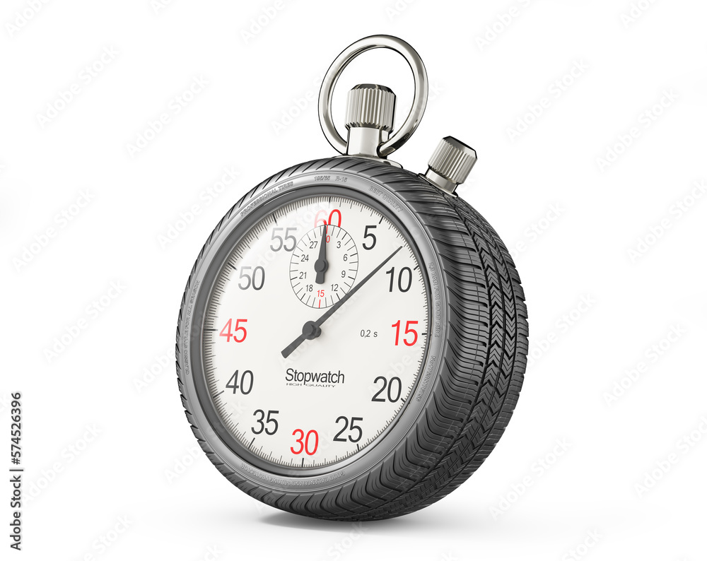 Stopwatch in form of car wheel on white background. 3d illustration Stopwatch in form of car wheel on white background. 3d illustration