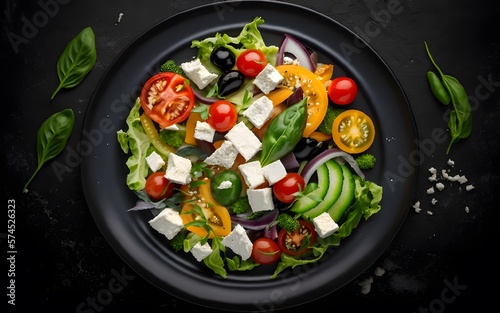 Green salad with tomatoes, cucumbers, peppers On a black plate, top view, dark background, top view. Space for your text