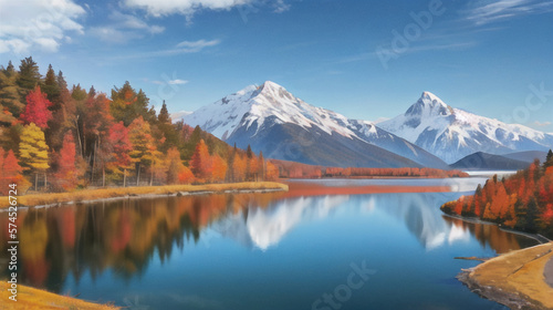 紅葉した木々と反射する湖畔 秋 もみじ 美しい風景