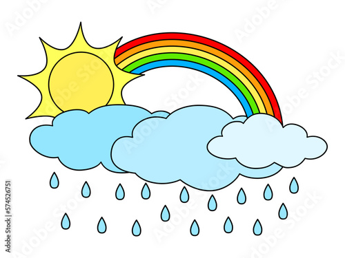 Sun with rainbow and clouds clipart. Cartoon vector illustration isolated on white background. Weather symbol.