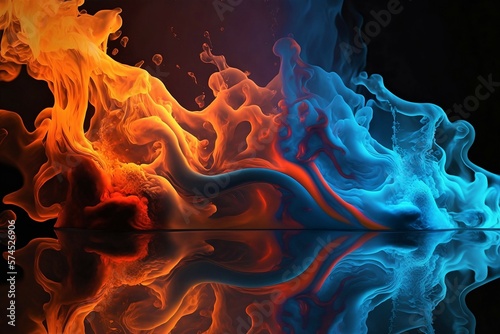 Fototapeta An abstract image featuring a fiery red and watery blue combination set against a black background creates a striking contrast of elements