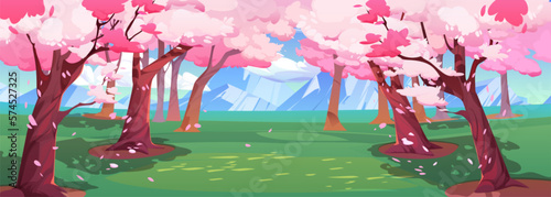 Japanese cherry trees and white mountains on horizon. Spring landscape of garden or park with sakura trees with pink flowers, green grass and rocks, vector cartoon illustration