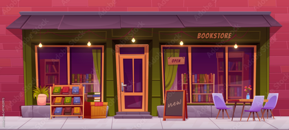 Bookstore building facade with large windows and open sign on wooden door. Vector cartoon illustration of books on shelves, table and chairs on empty urban street. Retro bookshop exterior design