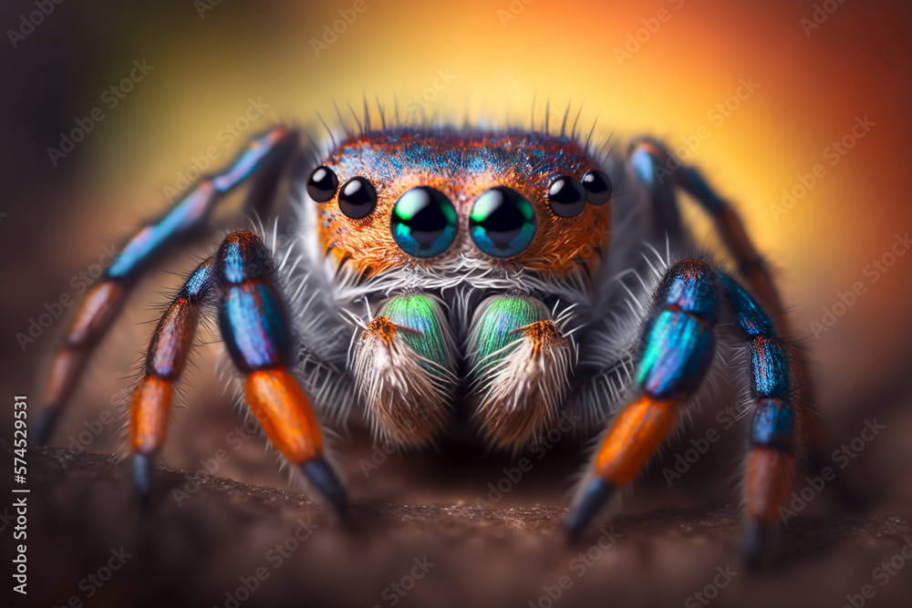 Macro closeup of fictional specie of jumping spider illustration. Realistic close-up spider face. Vivid color. Made with Generative AI Macro closeup of fictional specie of jumping spider illustration. Realistic close-up spider face. Vivid color. Made with Generative AI