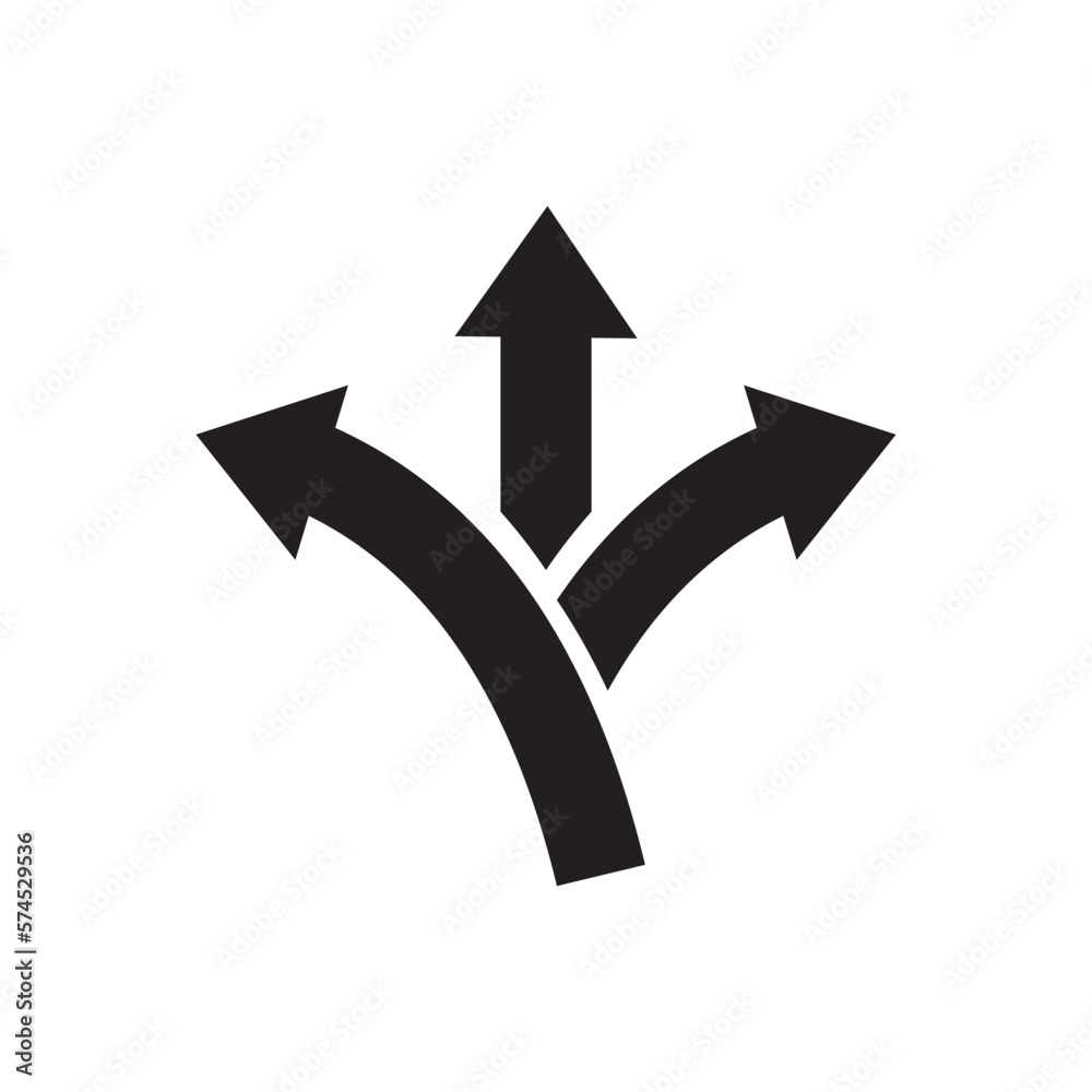 Three-way directional arrow in flat style. Vector illustration symbol Three-way directional arrow in flat style. Vector illustration symbol