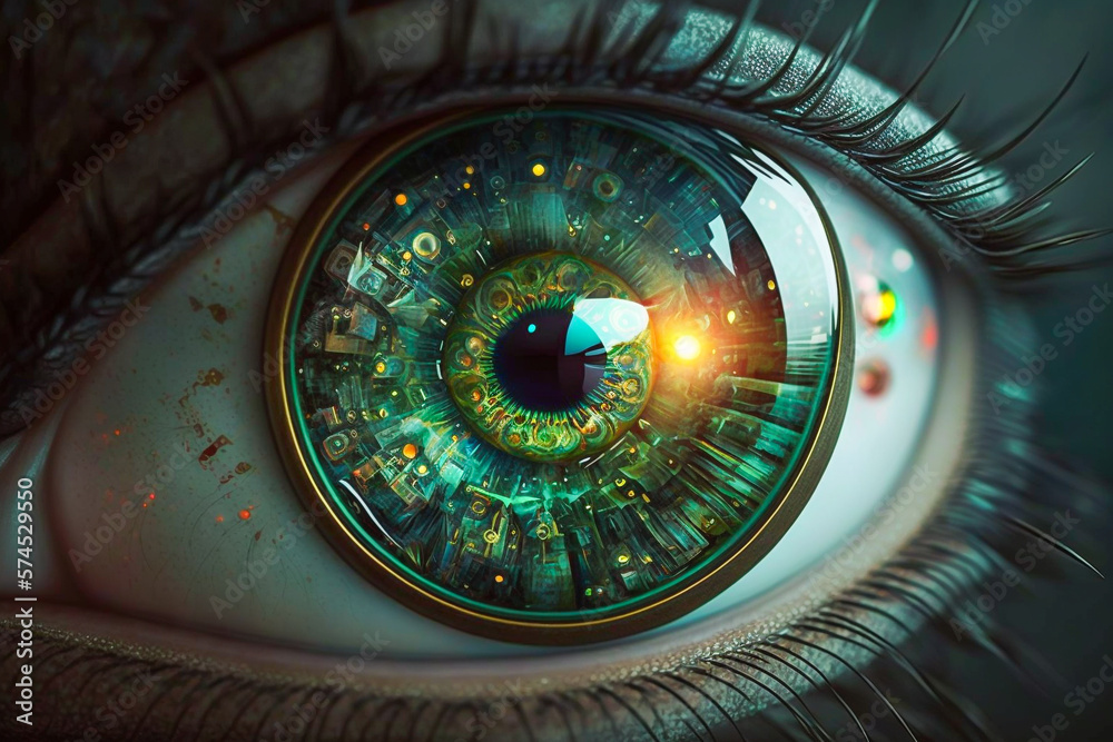 Human eye sees future. Cyberpunk, metaverse and future prediction concept. Made with Generative AI
