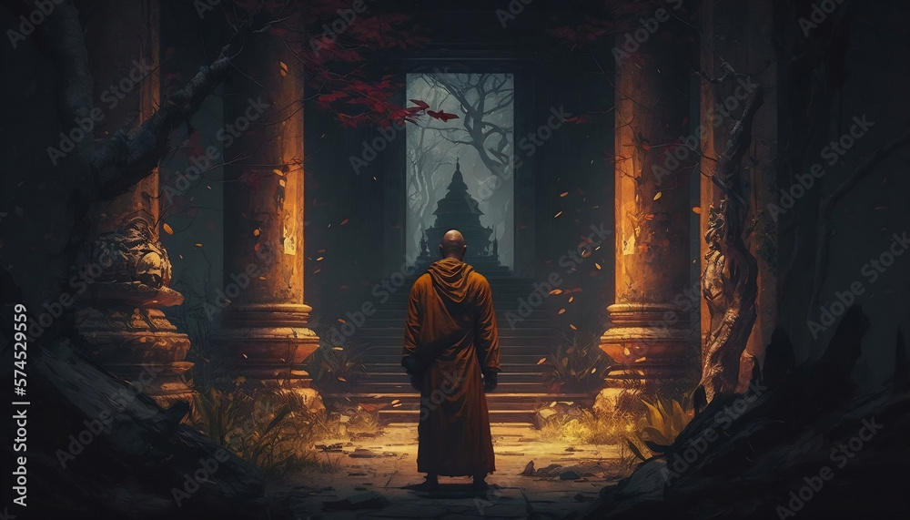 Monk looking at temple 