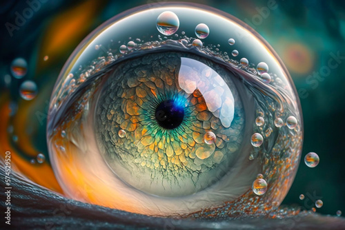 Abstract illustration of a mysterious wet eyeball sphere. Eyeball sphere fulfilled with water and uncanny shining. Macro science, dark ritual and mystic fantasy concept