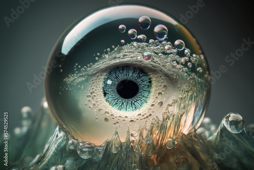 Abstract illustration of a frozen moment of mysterious wet eyeball sphere. Eyeball sphere fulfilled with water and still uncanny shining. Macro science  mystic fantasy concept 