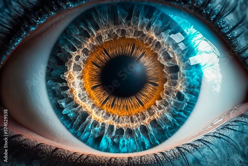 Realistic and abstract image of human eye with colorful ink splash effects. Galaxy in universe, burst creativity, fantasy concept. Made with Generative AI