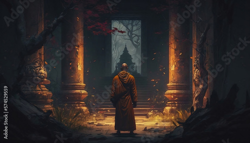 Monk looking at temple 