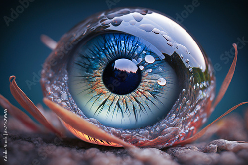 Abstract illustration of an eyeball bud opened in mysterious mood. Eyeball sphere fulfilled with water and uncanny shining. Macro science, green environment and deep sea mystic fantasy concept photo