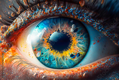 Vivid and colorful ink splash effects on human eye. Art explosion, burst creativity, inspirational ideas concept. Made with Generative AI
