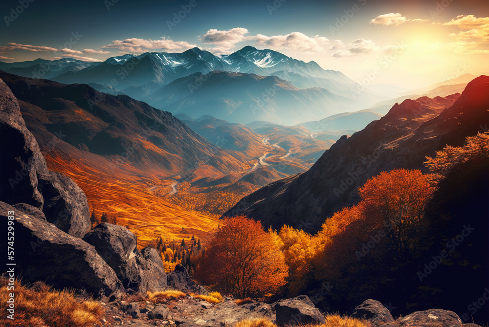 Background of autumn mountains covered with yellow red orange trees, view from quadcopter. Landscape of autumn colors, mist in October