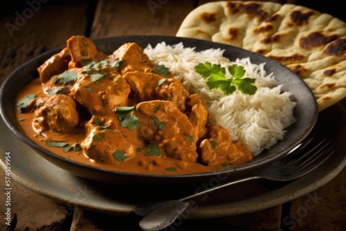 Chicken tikka masala spicy curry meat food in a clay plate with rice and naan bread and rive, GENERATIVE AI