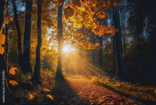 The background of the autumn path in the forest, the trees are orange and yellow. Landscape of golden autumn. The sun shines with rays through the branches, yellow leaves on the ground. AI