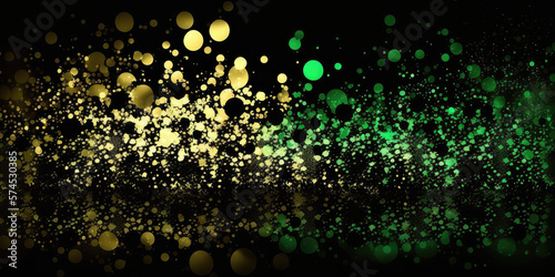 background of abstract glitter lights. green, gold and black. banner, generative ai