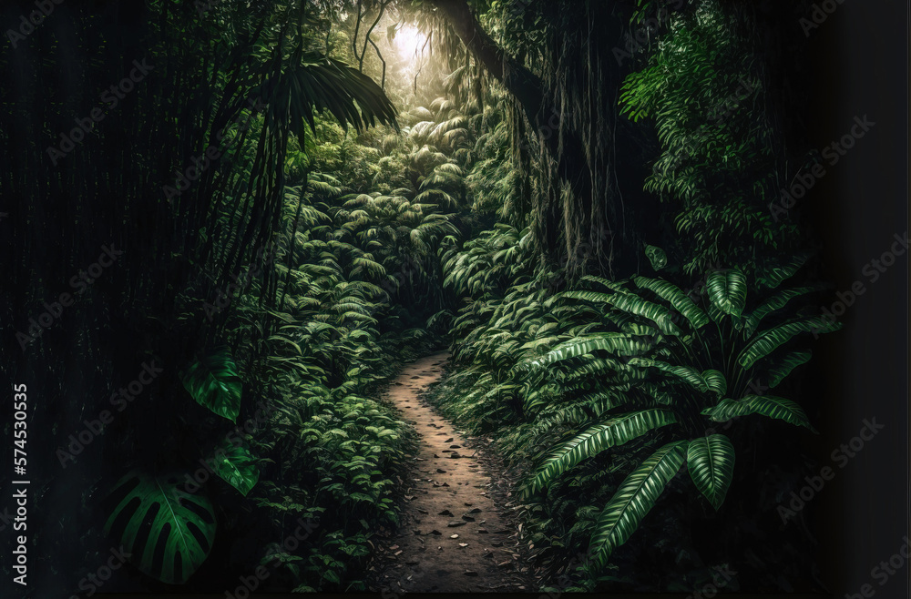 mysterious beautiful path in the summer green forest, with branchy trees, ferns and moss. ai generation