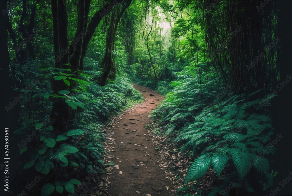 Fototapeta premium mysterious beautiful path in the summer green forest, with branchy trees, ferns and moss. ai generation