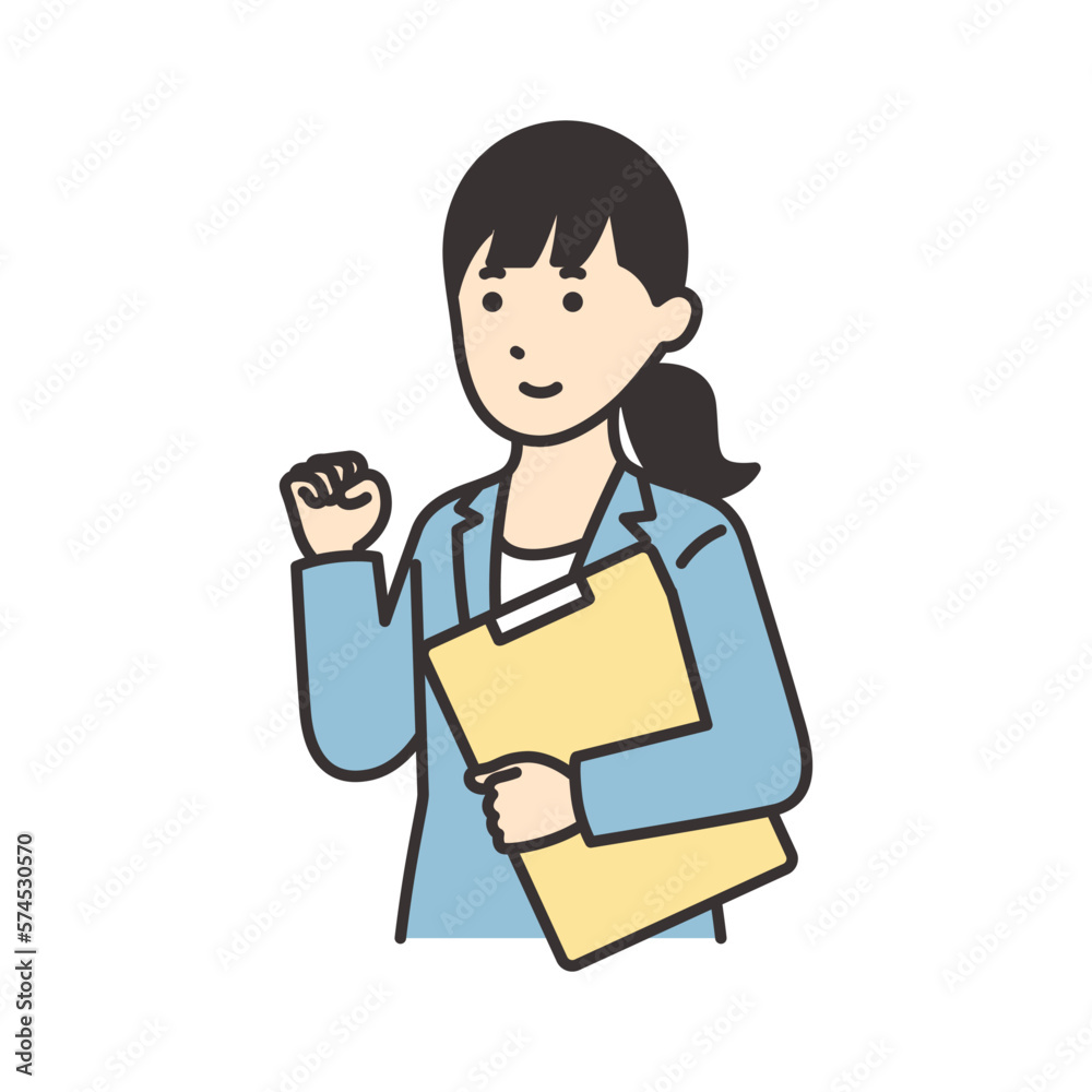 資料を持ってガッツポーズをするスーツを着た女性のイラスト素材 資料を持ってガッツポーズをするスーツを着た女性のイラスト素材