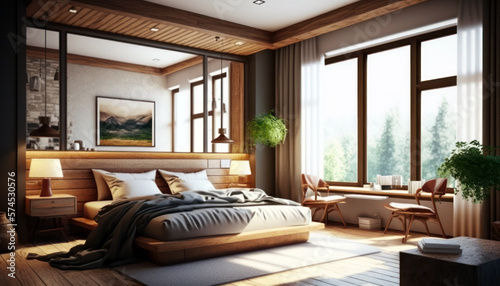 Hotel room, bedroom with city park trees view out of glass windows. Modern design apartment interior,  generative AI 