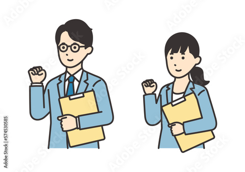 資料を持ってガッツポーズをする女性と男性のイラスト素材セット