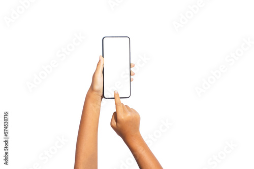 A girl's hand holds a separate smartphone on a white background, cutting the path. Content, do not let the child play with the phone too much.