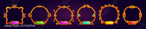 Set of round golden avatar frames isolated on background. Vector cartoon illustration of fantasy borders decorated with shiny metal ornament and colorful gemstone nameplates. Gui design elements