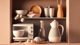 Kitchen shelf: still life, light, minimalistic, wall, tableware, bottle, plates, bowl, cups, pot, empty, blank, nobody, no people, photorealistic, illustration, Gen. AI