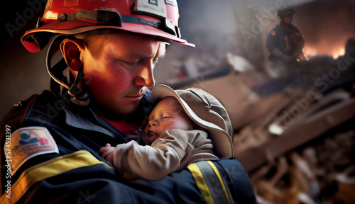 Realistic a volunteer firefighter tenderly cradles a baby rescued from an earthquake with Generative AI