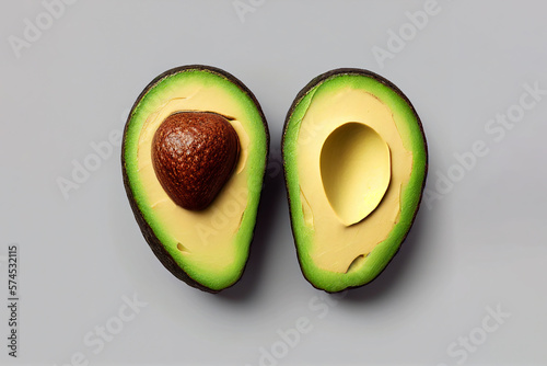 Avocado fruit cut in half on a gray background. Generated by AI