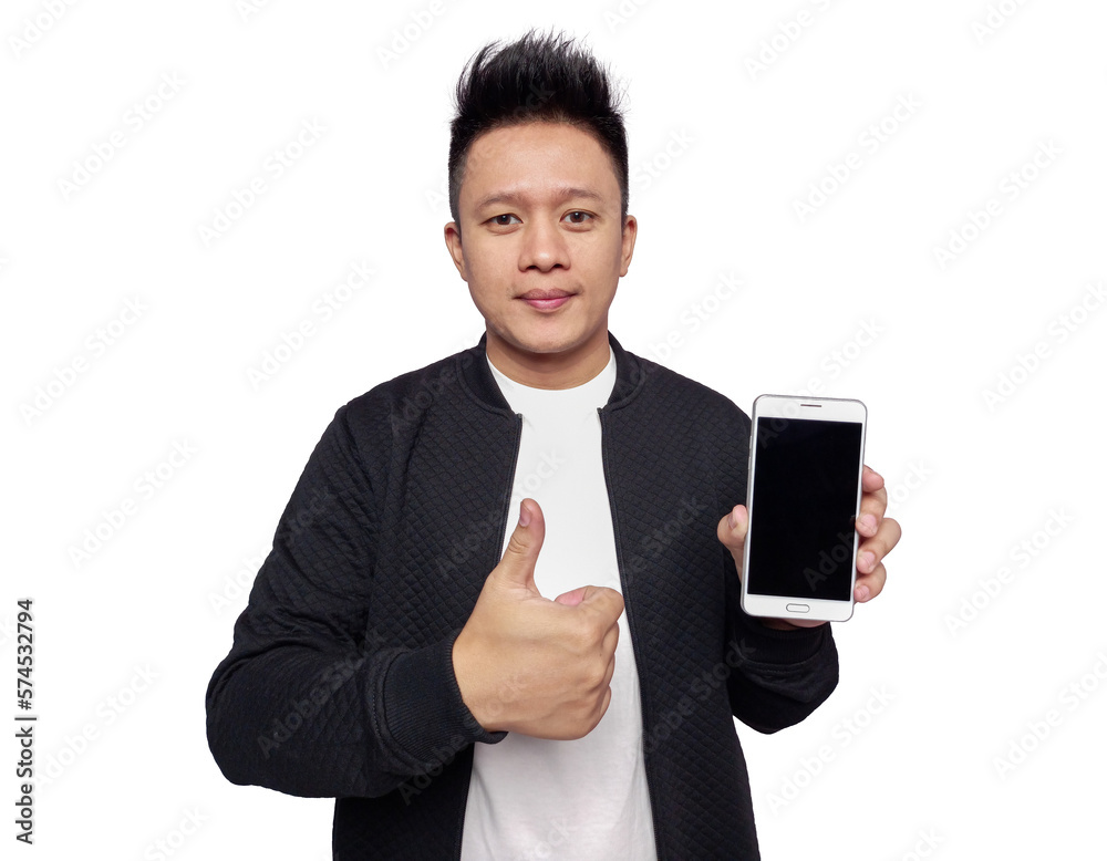Casual man holding and showing mobile phone screen with thumbs up gesture. Casual man holding and showing mobile phone screen with thumbs up gesture.